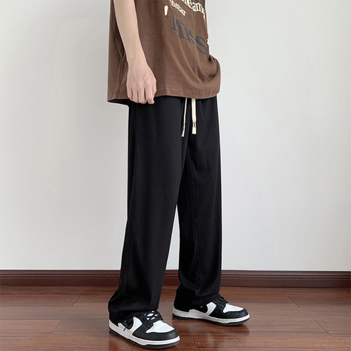 Hanging brown ice silk pants, men's thin American summer casual pants, high street fashion brand loose straight wide-leg pants