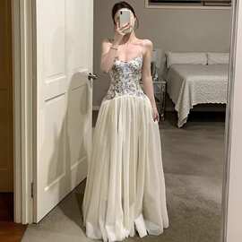 板栗可可Bankelili中古秀场Jennie同款天丝收腰网纱鱼骨礼服裙