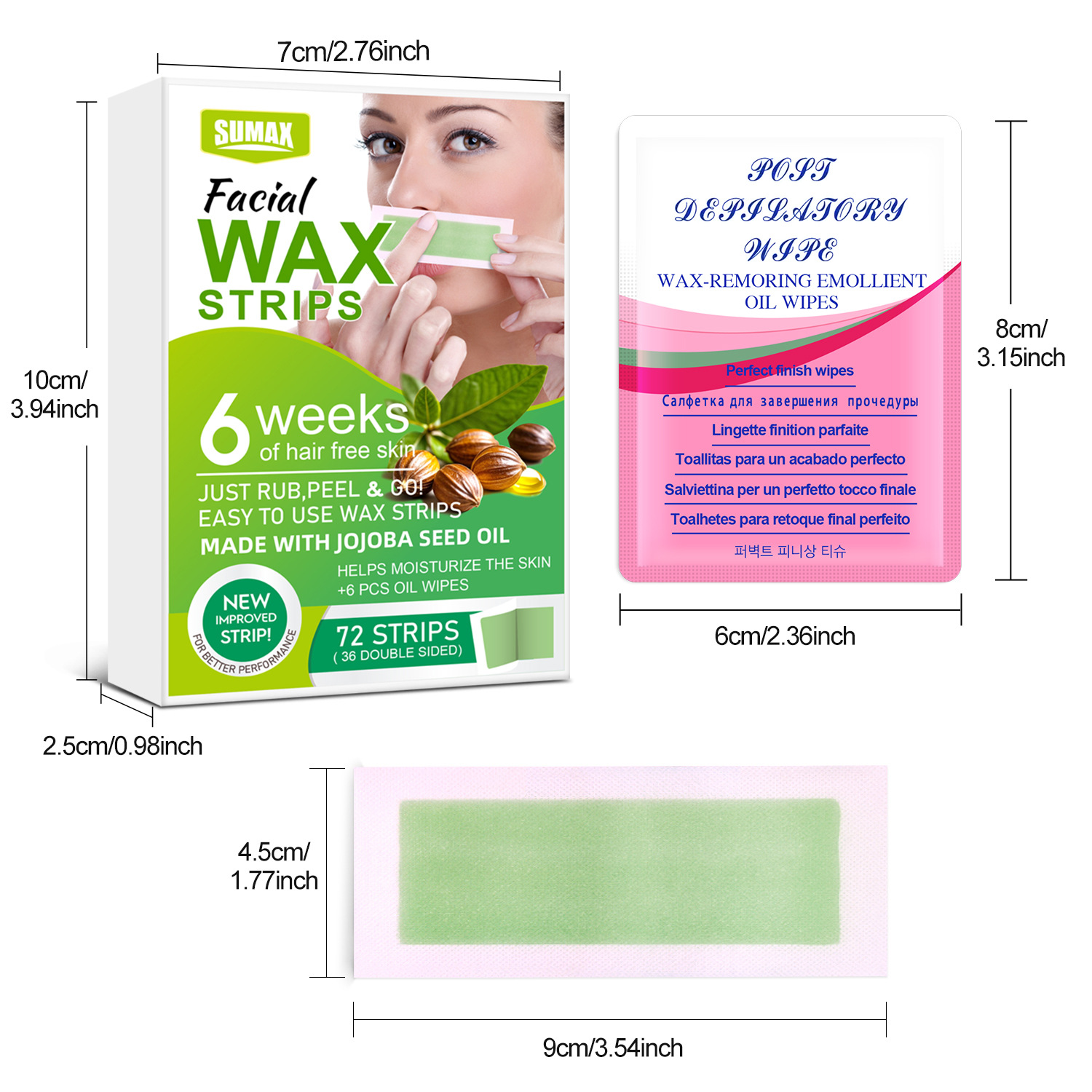 SUMAXクロスボーダー輸出英語包装顔脱毛ワックス紙72pcsグリーンひげ