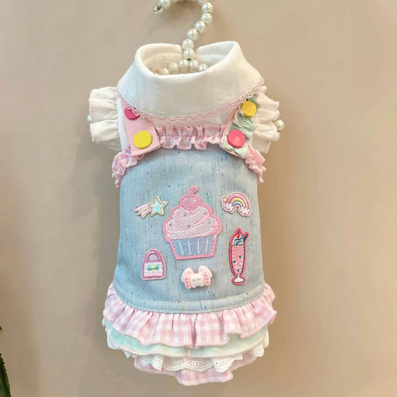 Pet Spring and Summer Thin Suspender Skirt Suit Dopamine Ins Style Lace Dress Small Flying Sleeve Bottoming Shirt