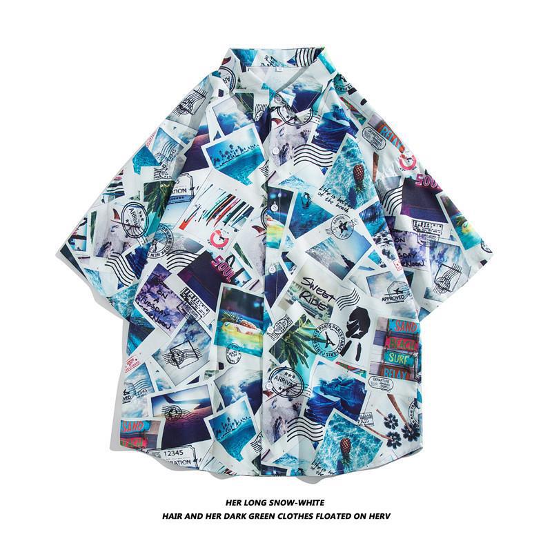 Hong Kong estilo Retro Vintage floral camisa de manga corta Estilo Hawaiano tailandés diseño sentido Ruan guapo camisa suelta para hombres y mujeres