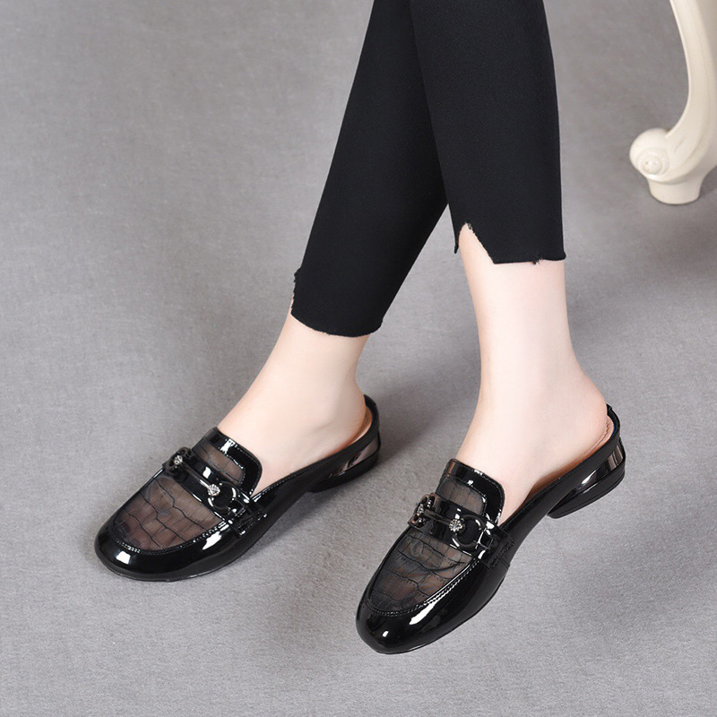 Giày lười nữ bít mũi lưới phong cách Anh đế bệt — Màu đen