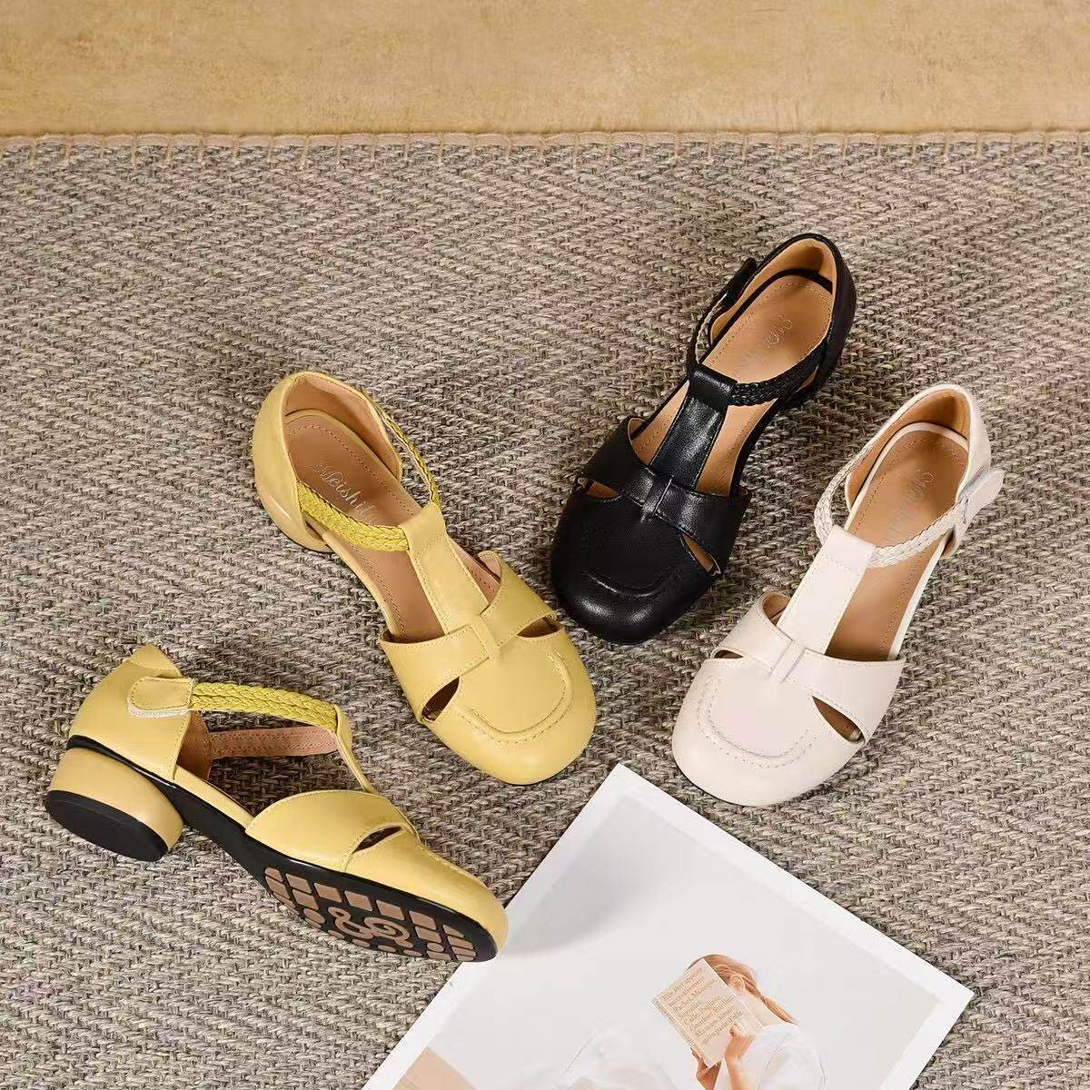 Dép sandal nữ da thật mũi tròn quai chữ V gót thấp chống trượt — màu be chi tiết 9