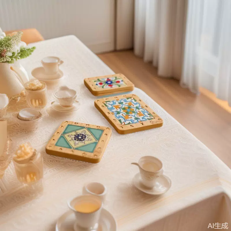 隔热垫复古实木花砖把手锅垫木质防烫盘杯垫家用砂锅汤锅隔热木垫