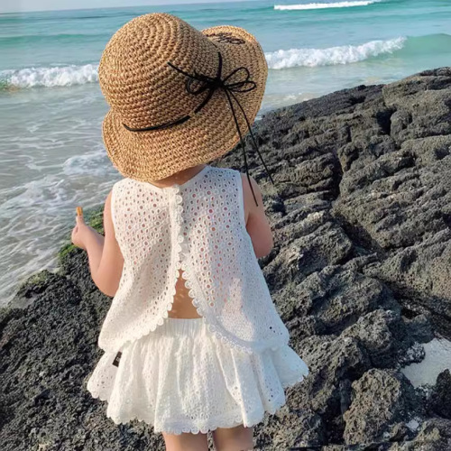 2024 summer girls two-piece breathable short-sleeved culottes two-piece set Y21