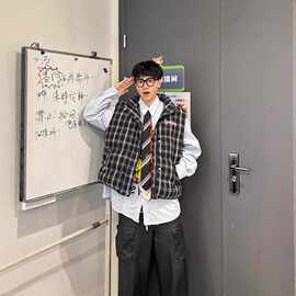 美式格纹无袖马甲棉服宽松秋冬新款男女复古叠穿外套上衣潮