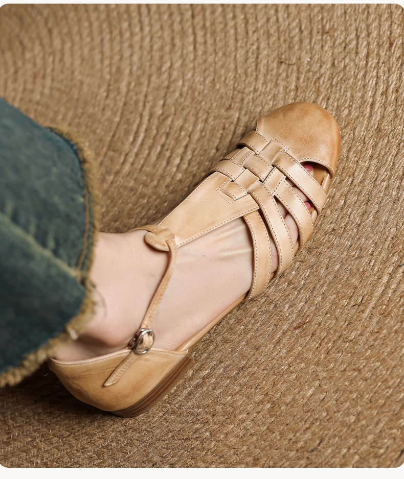 Sandal nữ mũi nhọn da bò quai chữ T gót thấp phong cách La Mã — nâu chi tiết 7