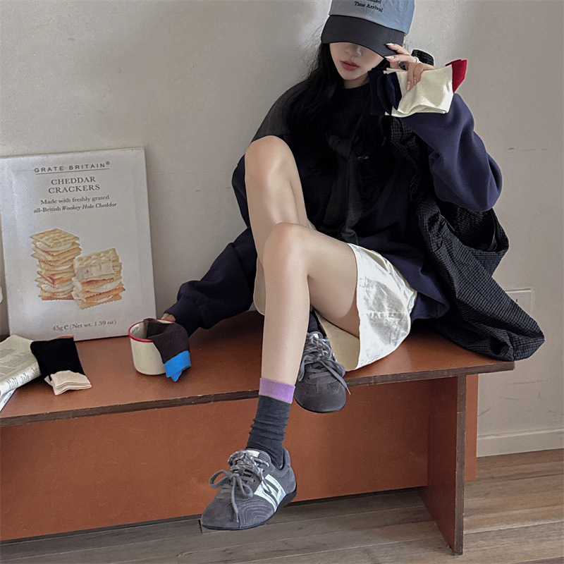 Thin Fleece Mid-Calf Socks, Warm Ins Style, Simple Korean Retro Color-Blocking Socks, Contrasting Color Versatile Slouch Socks for Girls