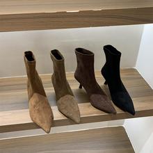 高跟尖头绒面卡其色瘦瘦靴短靴女鞋2025新款春秋单靴韩系小裸靴子