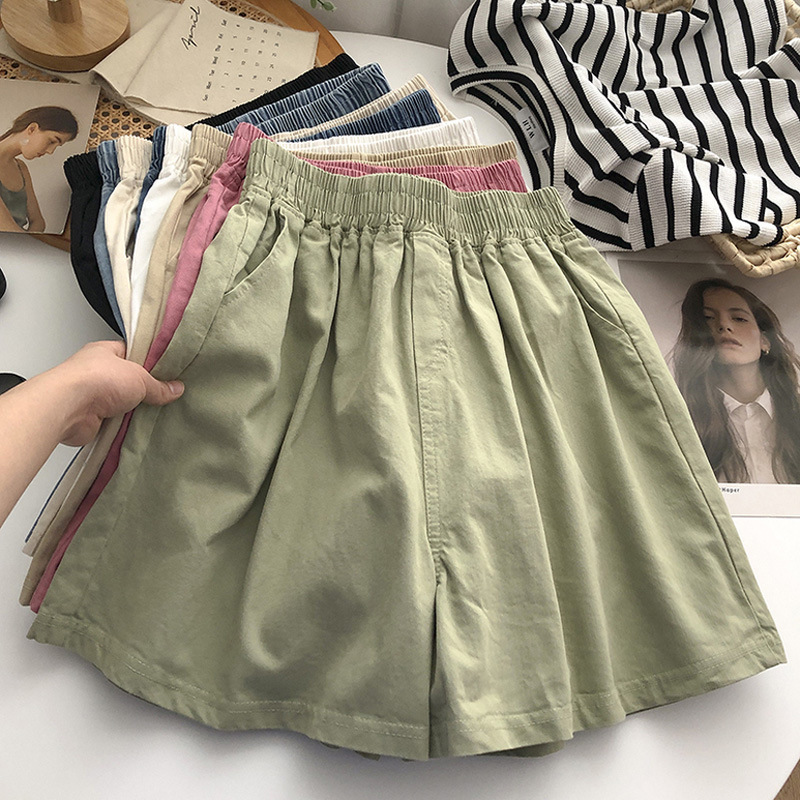 Washed Cotton Shorts for Women in Summer, Thin, Loose, Simple, Wide-Leg A-Line Pants, Elastic, Versatile, Flesh-Covering, Comfortable Casual Pants