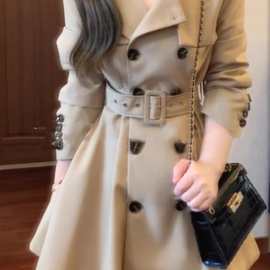 感超好看大方得体的连衣裙卡其色风衣外套腰带收腰秋冬季新款