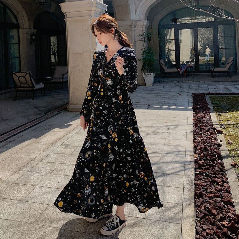 Chubby Girl's Tall Galaxy Lengthy Dress Spring and Autumn British Style Slim-fit Long-sleeved Ankle Long Dress Chubby Girl's Tall Galaxy Lengthy Dress Spring and Autumn British Style Slim-fit Long-sleeved Ankle Long Dress