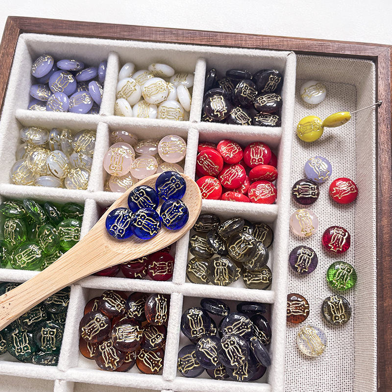 布拉格琉璃猫头鹰小圆盘描金复古动物珠DIY手工串珠散珠配件手链