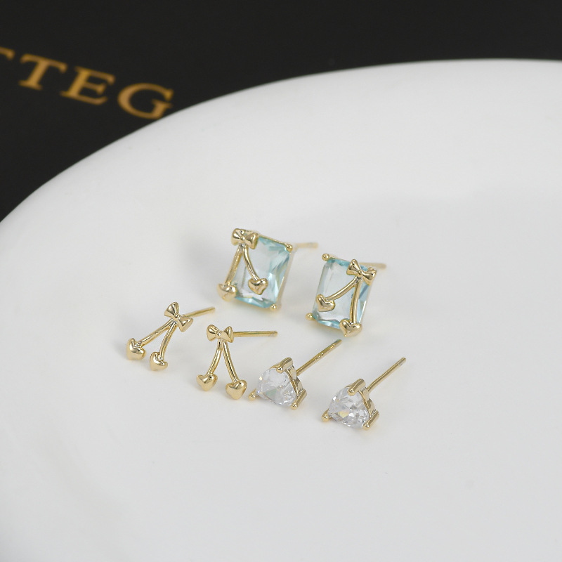 Ear Studs Classification 1 Set Simple Style Square Heart Shape Bow Knot Plating Inlay Copper Zircon Ear Studs