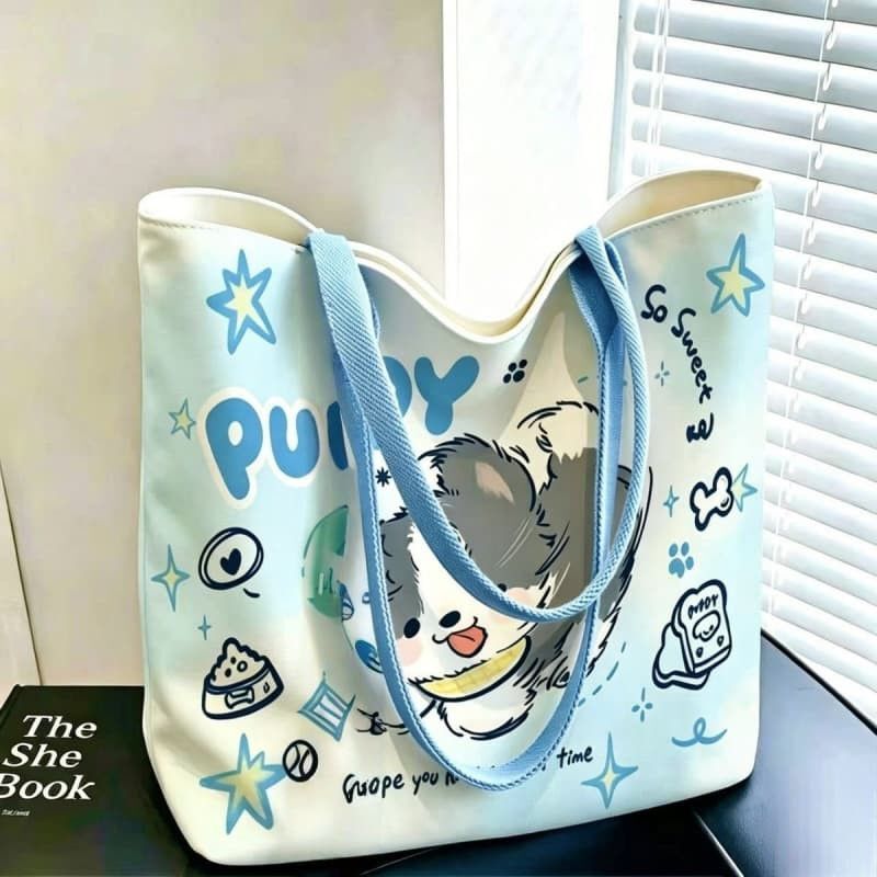 Cartoon Border Collie Canvas Bag, Student Canvas Bag, Portable Outdoor Handbag, Durable and Sturdy Handbag