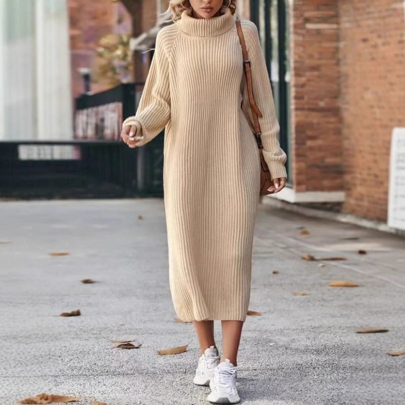 European and American Long Sweater Dress with Coat, Over-The-Knee Loose High-Neck Knitted Dress, Elegant French Robe