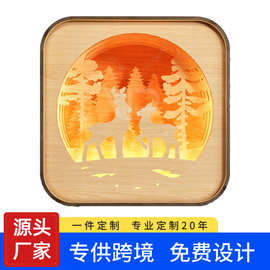 跨境定制圣诞节装饰木制雕刻圣诞驯鹿夜灯家居摆件木质工艺品