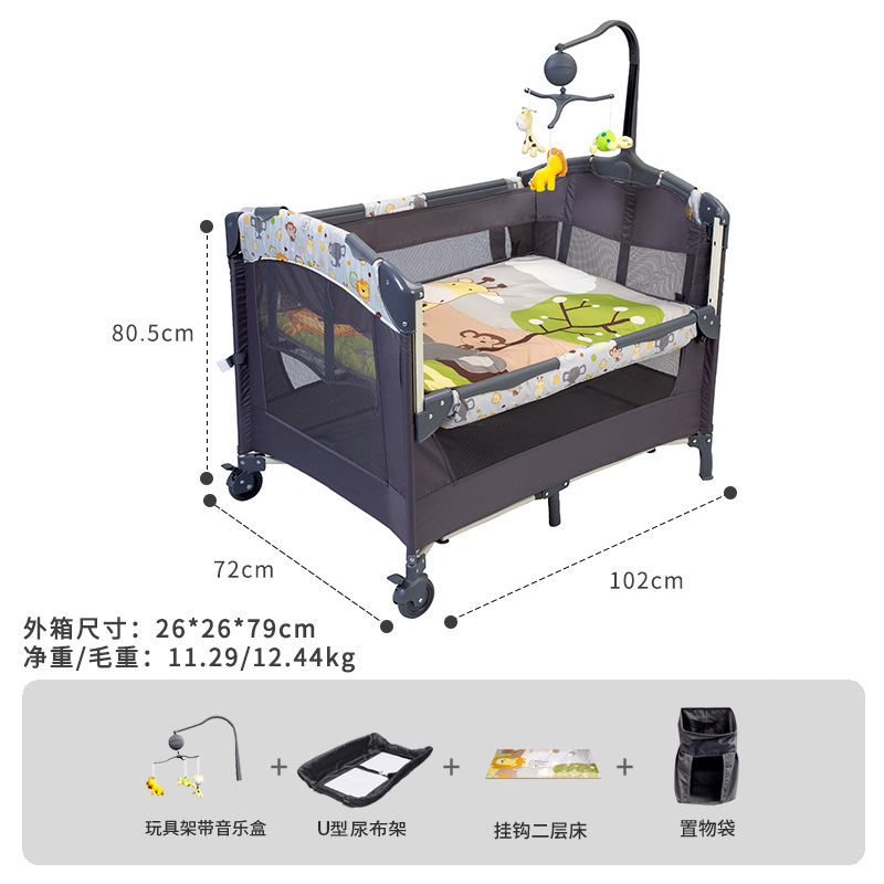 Cuna plegable y cama grande empalmada cama con mesa de pañales cama especial multifuncional para bebés y niños pequeños cama móvil para bebés