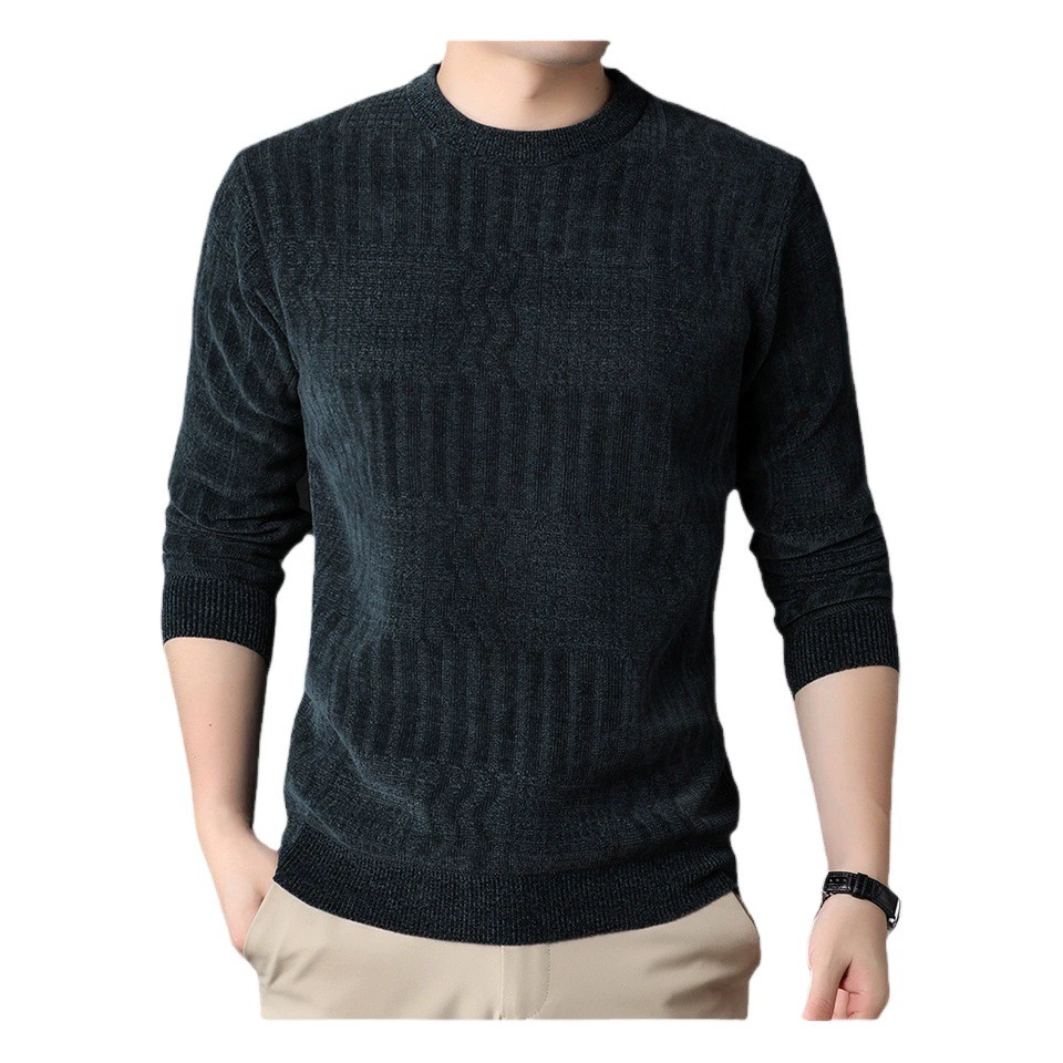 Зимняя Базовая рубашка для мужчин молодого и среднего возраста на флисовой подкладке с круглым вырезом, модный однотонный утепленный свитер, свитер из синели, мужской