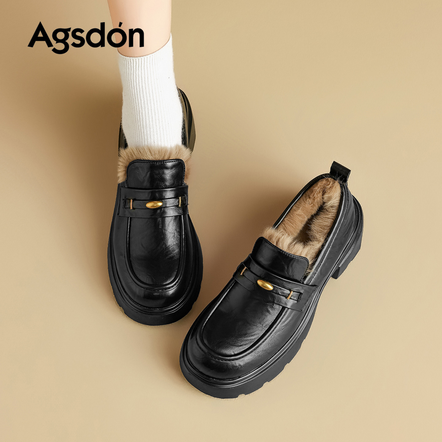 Augu Lion negro Lefour zapatos para mujeres 2025 nuevos zapatos de invierno de estilo británico zapatos de cuero pequeños zapatos de algodón peludo