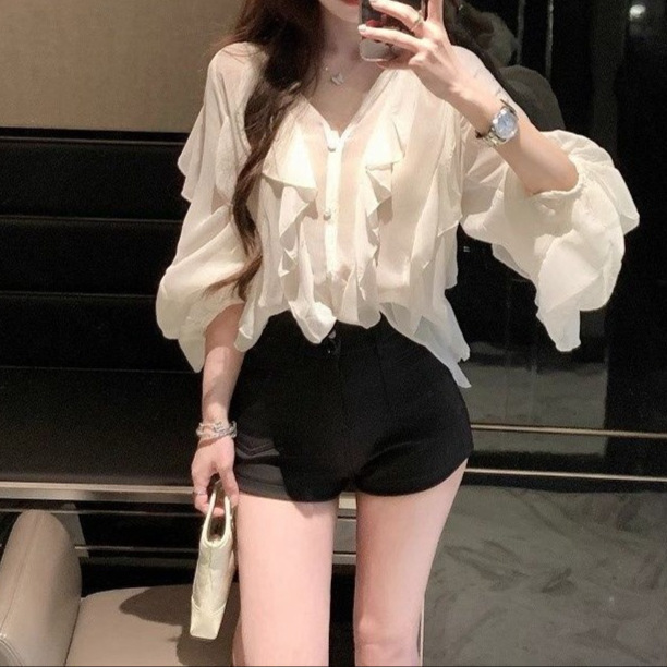 2026 New Summer Fashion Elegant Collared Shirt Slimming Chiffon Blouse for Women with Unique Design and Multi-Layered Edges 2026 New Summer Fashion Elegant Collared Shirt Slimming Chiffon Blouse for Women with Unique Design and Multi-Layered Edges