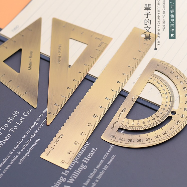 15cm金属尺子套装logo刻字复古黄铜直尺三角尺半圆量角器定 做