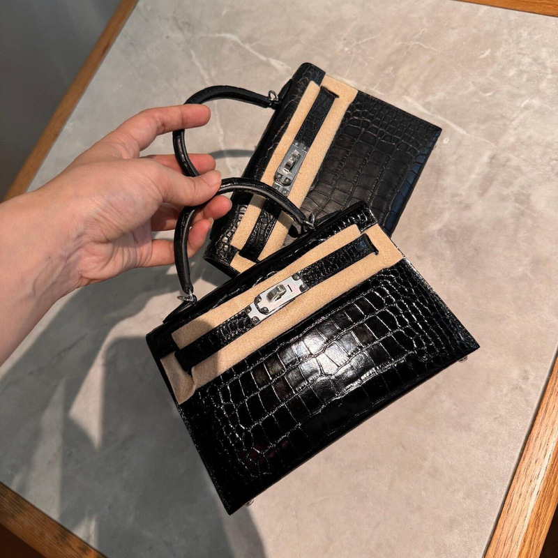 Bag Women's Crocodile Pattern Mini Second Generation Kelly Bag Mini Bag Genuine Leather Women's Bag Simple and Fashionable Single Shoulder Crossbody Bag