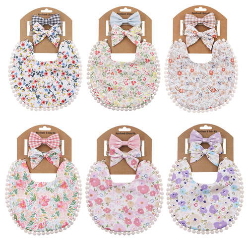 ins linen cotton double-sided printing baby anti-spitting saliva towel floral saliva pocket children's bib headband set