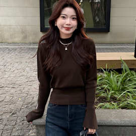 炸街网红韩系气质半高领喇叭袖针织衫女冬收腰显瘦长袖打底衫