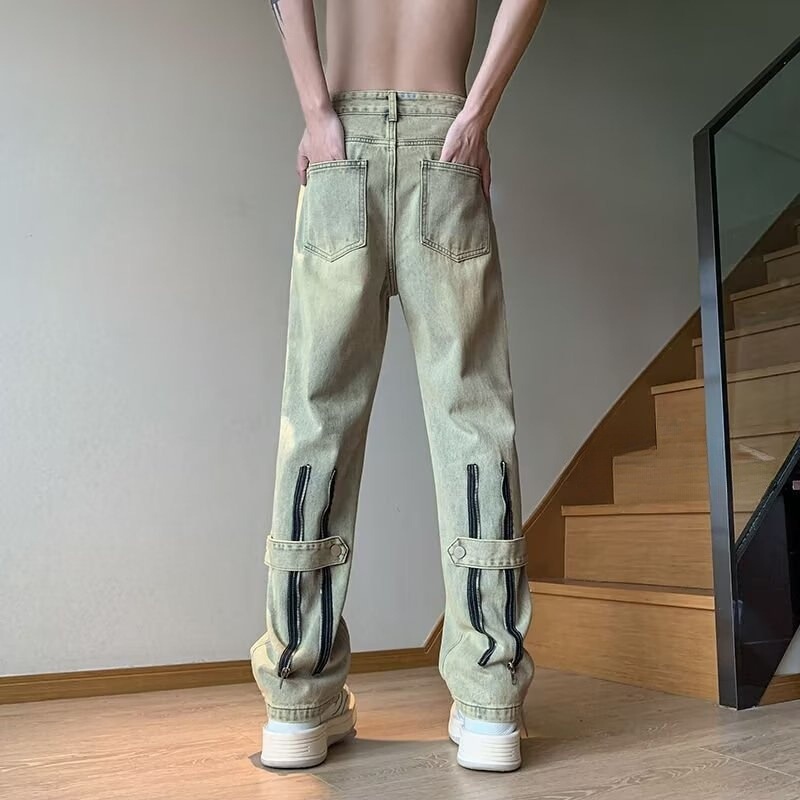 Summer Trendy Fashion Denim Versatile Pants Long Pants with Zipper Men's Harajuku Ins Washed Retro Straight-Leg Jeans