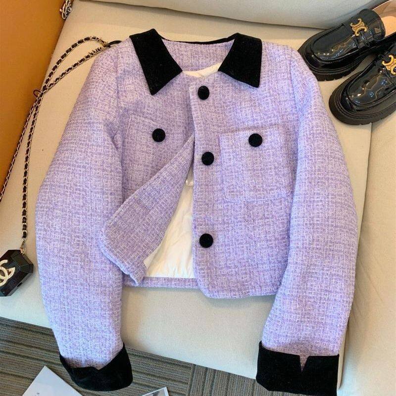 Áo khoác nữ dáng ngắn vải tuýt cổ ve áo dài tay — hoa oải hương màu tím, màu đỏ tía chi tiết 2