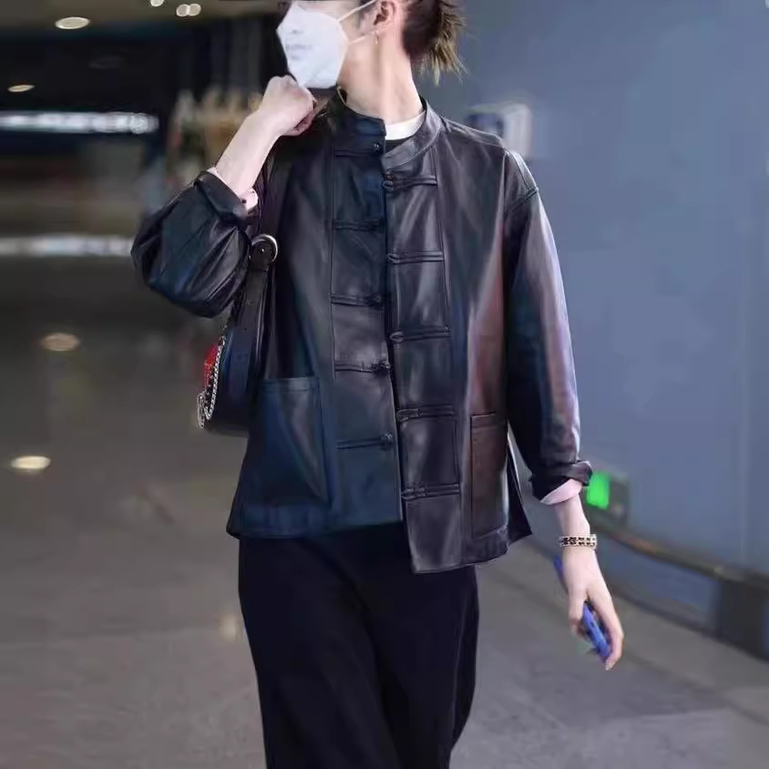 刘雯同款中式皮衣2024春秋新绵羊皮中国风盘扣休闲立领真皮外套女