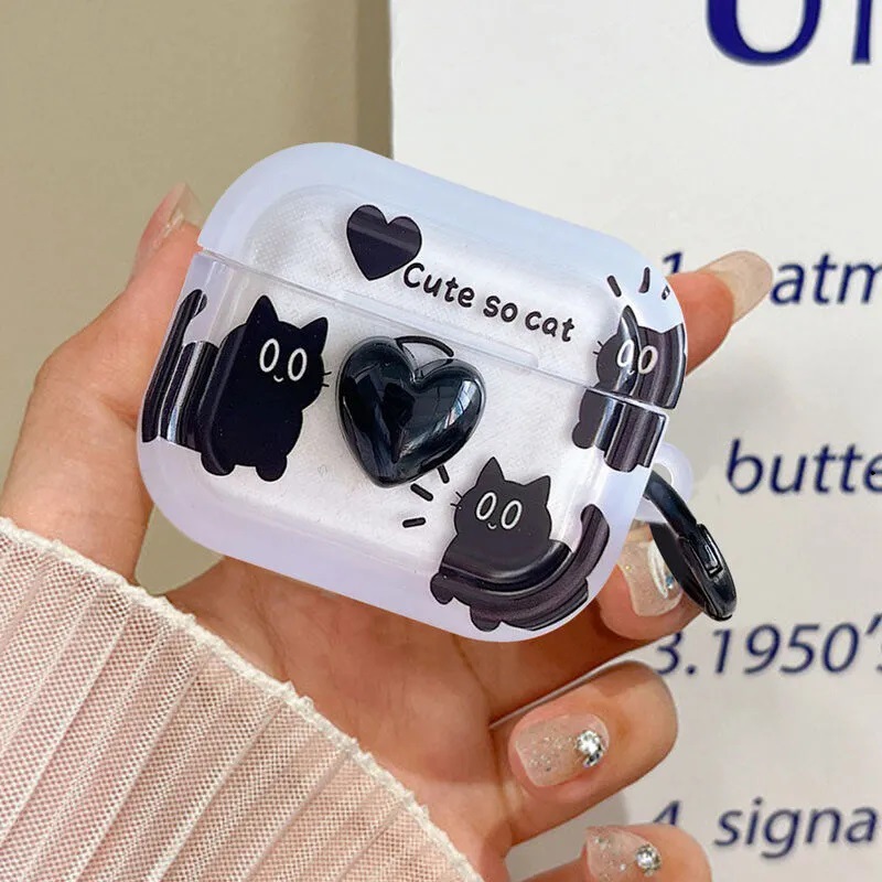Funda Protectora para Auriculares con Diseño de Gato Negro de Dibujos Animados, Compatible con Apple Airpods 4, Bluetooth, Pro3