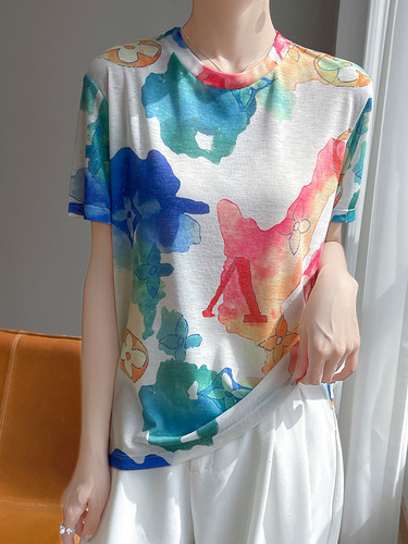Summer Women's T-shirt Ink Painting Short Sleeve Loose Round Neck Casual Slimming Youthful Fashion Print Short Sleeve