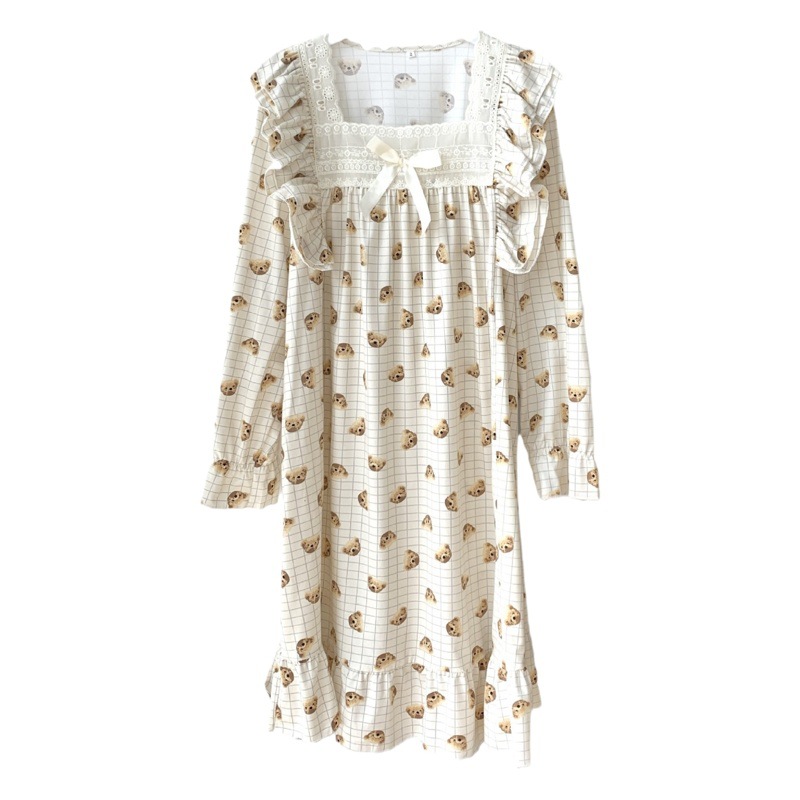 Nuevo estilo coreano princesa estilo camisón fresco lindo oso primavera y otoño pijamas largos de las mujeres vestido largo desgaste del hogar entrega