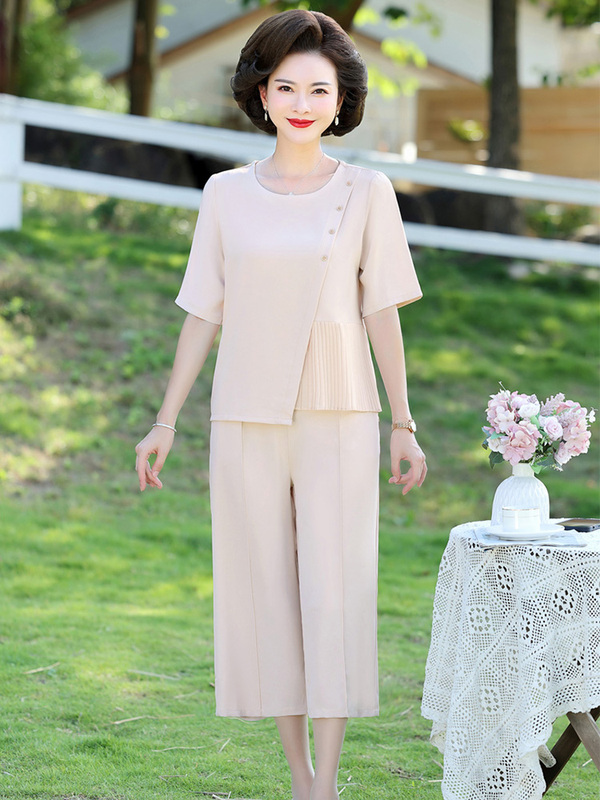 妈妈夏装套装中年人女装时尚洋气雪纺短袖t恤上衣夏季衣服薄|undefined
