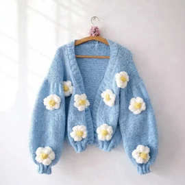 现货 跨境欧美外贸新款纯手工棒针立体花朵毛衣外套sweater女