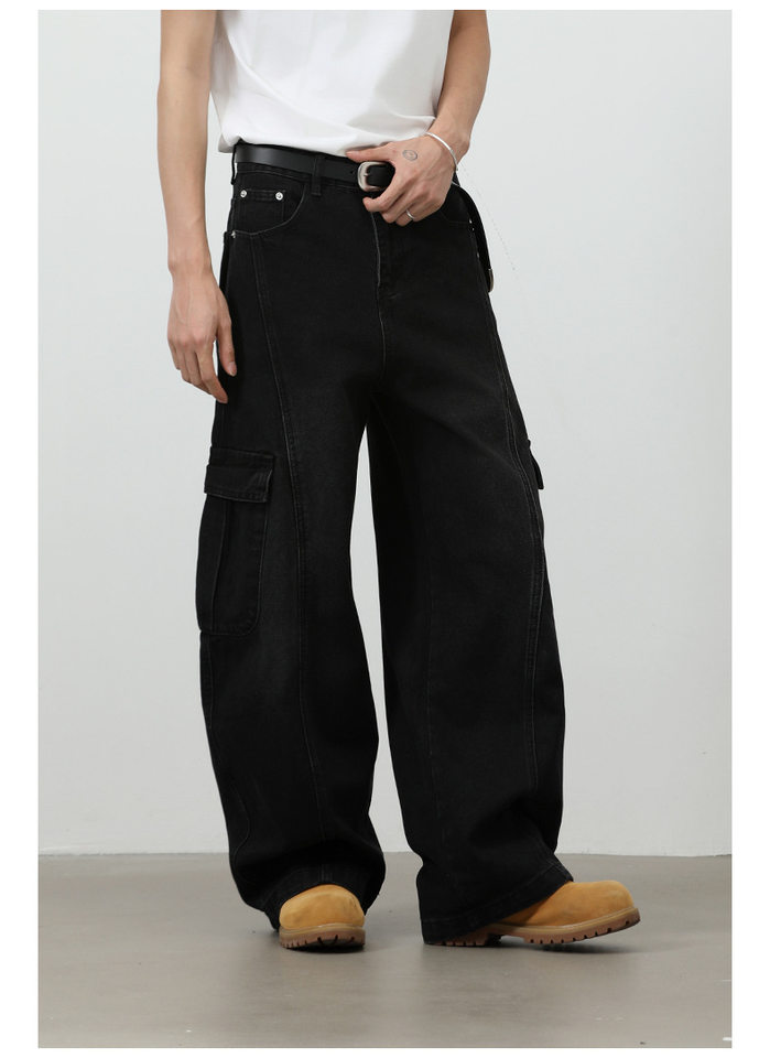 Quần jean nam ống rộng baggy phong cách retro Mỹ, nhiều túi khóa kéo, lưng giữa eo — màu xám đen chi tiết 21