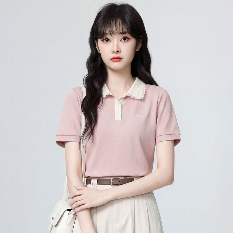 Pink Polo Collar Short-Sleeve T-Shirt for Women, Summer 2026 New Model, Unique and Beautiful with Lace Trim, Regular Shoulder Top