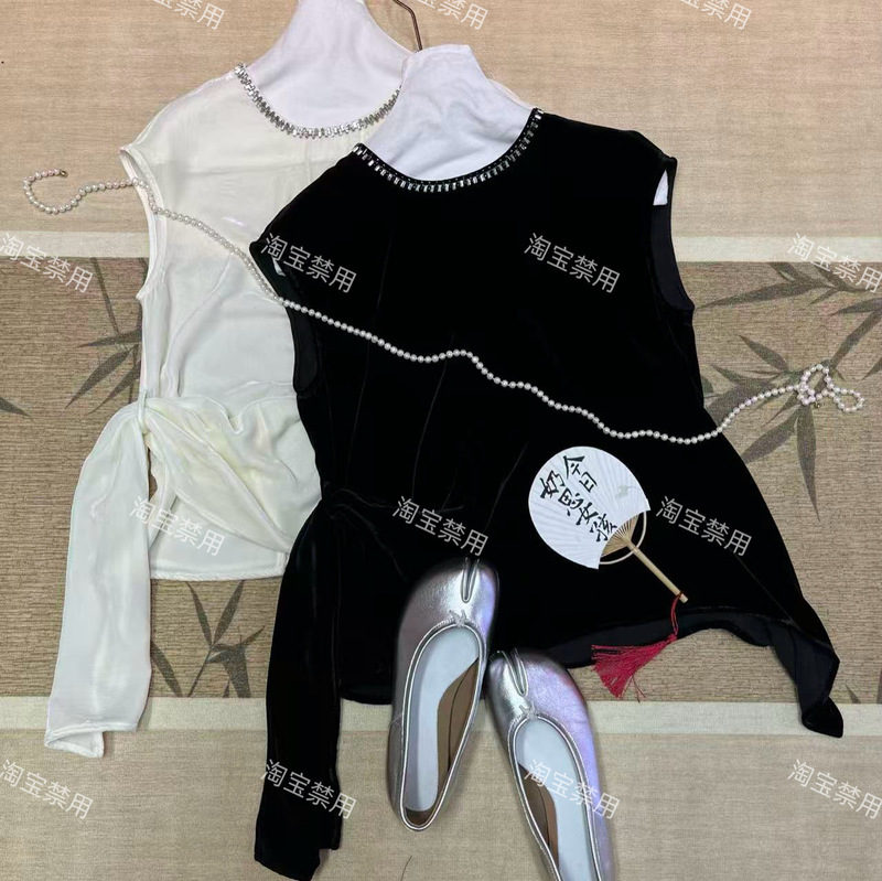 Two-Color Silk Velvet Beaded Design Sleeveless Top with Irregular Cut, Light Luxury Style, Versatile Blouse 145 Two-Color Silk Velvet Beaded Design Sleeveless Top with Irregular Cut, Light Luxury Style, Versatile Blouse 145