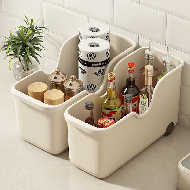 Cabinet Storage Basket Kitchen Sundries with Wheels Organizer Bathroom Desktop Storage Rack Household Cookware Seasoning Storage Box