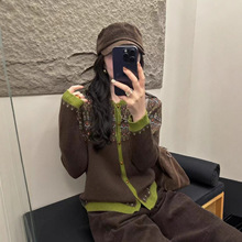 批发费尔岛提花撞色圆领开衫女七针亲肤软糯针织毛衣外套爆款代发