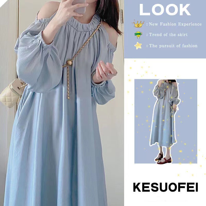 Blue French Gentle Style Puff Sleeve Dress for Women, Summer Design, Niche Off-Shoulder, Flesh-Covering, Slimming Long Skirt