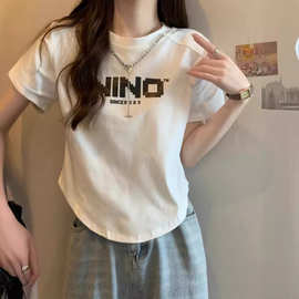 300斤大码字母短袖t恤女夏季韩版胖mm遮肚设计感修身显瘦短款上衣