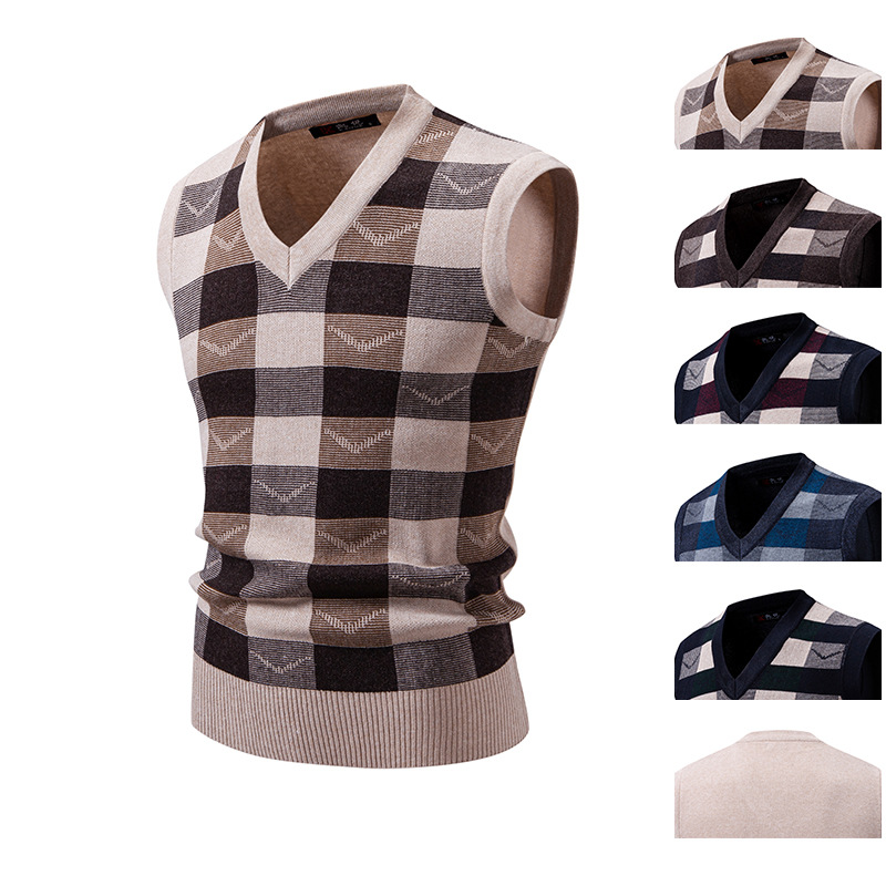 Gilet sans manches en maille pour homme, idéal pour l'automne et l'hiver. Coupe ajustée, col en V, sans manches, motif jacquard. Disponible en coloris uni et à carreaux._voghion.com