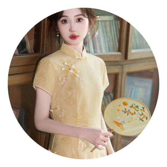 light yellow Send Kao Xian White Small Cheongsam New Chinese Girl 2025 Summer New Jacquard Improved dress
