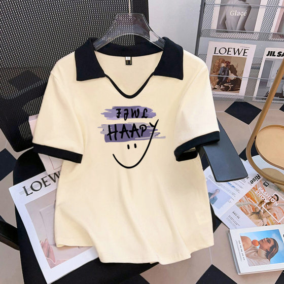 POLO Collar T-shirt Women's 2024 Summer New Black Printed Base Shirt Slimming All-match Simple Japanese and Korean Short-sleeved Top