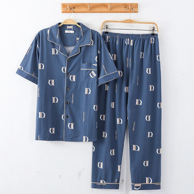 Pijamas de algodón de los hombres de primavera y verano Pantalones delgados de manga corta cardigan niños pueden usar fuera más tamaño homewear de verano