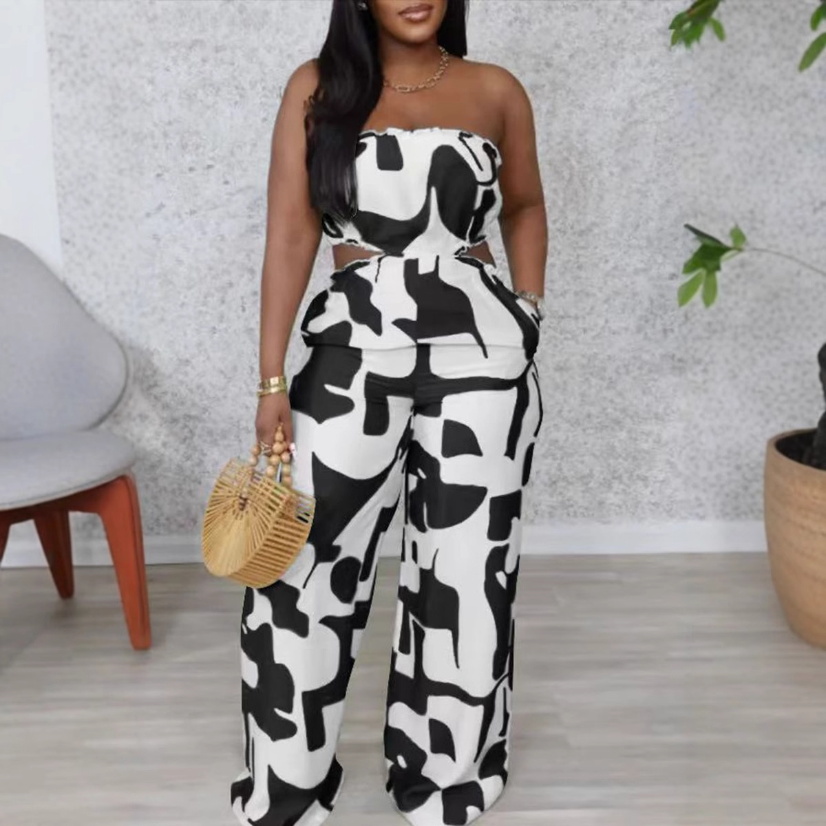 Elegant Strapless Printed Jumpsuit For Women Wide Leg Bottoms Casual Summer Polyester Thin Comfortable_ecoleips.com