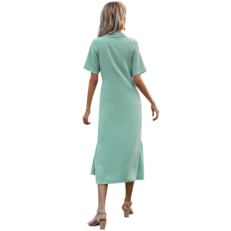 short-sleeved single breasted pure color long shirt dress NSMAN53268